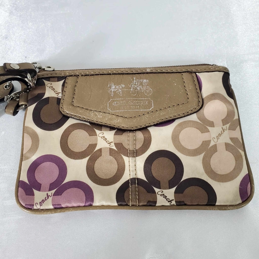 Coach Madison Signature Sateen Purple & Brown small Wristlet with Tag Strap